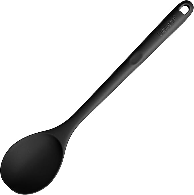 600쨘F Heat Resistant Silicone Spoon: U-Taste 13.3in Solid Kitchen Cooking Spoon, Nonstick Food Grade Large & Long Soup Rubber Utensil for Mixing, Serving, Stirring, Basting, for Pot Cookware (Black)