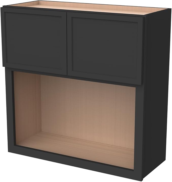 Solid Wood RTA Wall Microwave Open Shelves Cabinet Kitchen Pantry Storage Cabinet Microwave Stand with 2 Doors (Newtown Charcoal Black, 30'W24'D30'H)
