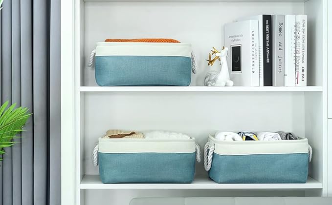 TheWarmHome Fabric Storage Bin with Handles,Storage Basket for Home Storage and Organization, Shelf Basket with Cover for Living Room Bedroom Closet竊늋hite & Green Medium 13.8L횞9.8W횞6.7H