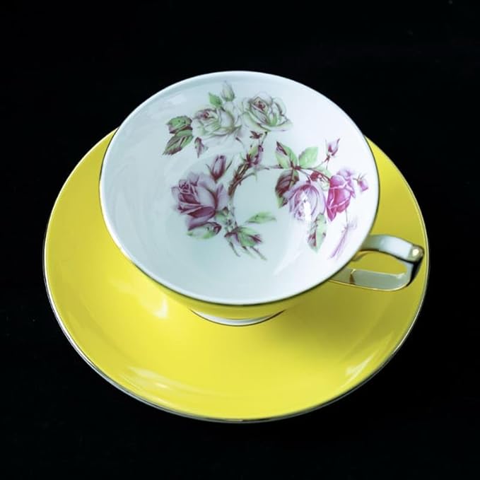 Aynsley Elizabeth Rose Fine Bone China Teacup and Saucer Set - 6.76oz Hand-Painted Gold-Trimmed Floral Vintage Set, Fancy Gift for Christmas/Wedding/New Year(Yellow)
