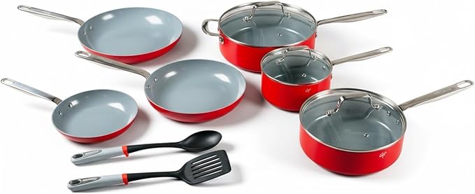 Guy Fieri's Flavortown 11-Piece Ceramic Cookware Set, Nonstick Pots and Pans for Cooking, Made without PFAS PTFE PFOA, Oven Safe, Dishwasher Safe, Easy to Clean Everyday Cookware, Red