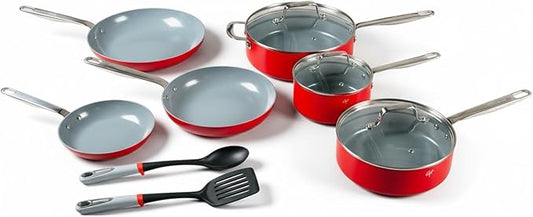 Guy Fieri's Flavortown 11-Piece Ceramic Cookware Set, Nonstick Pots and Pans for Cooking, Made without PFAS PTFE PFOA, Oven Safe, Dishwasher Safe, Easy to Clean Everyday Cookware, Red