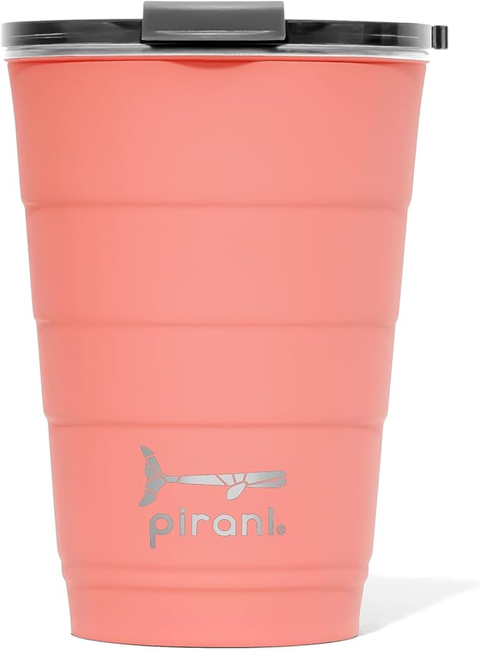 Pirani 16oz Insulated Stackable Tumbler - Skinny-Wall Triple Vacuum Insulation Cup with Version 2.0 Air-Tight, Screw-On Lid Lid - Space Saving Design - Coral