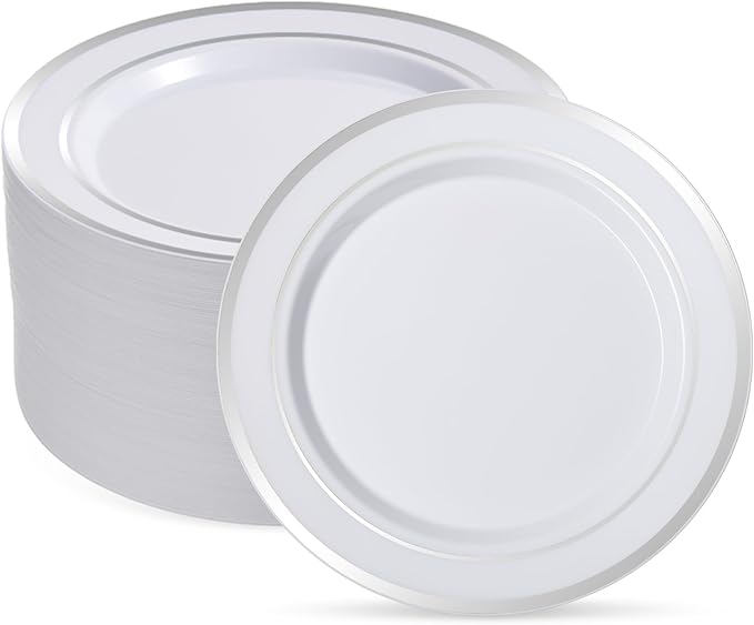 Goodluck 100PCS Silver Plastic Plates, 10.25 Inch Dinner Plate with Silver Rim, Heavy Duty Disposable Plastic Plates for Party, Wedding, Birthday & Daily Use