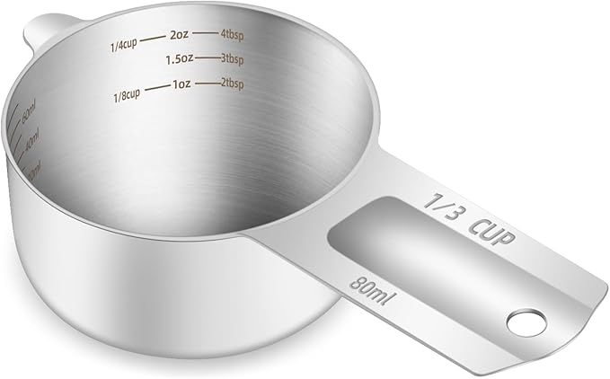 BERYLER 1PCS 1/3Cup (80ml, 2.6oz) Single Measuring Cup, Etched Inner Scale Stainless Steel Measure Scoop, Metric and US Measurement, Dishwasher Safe