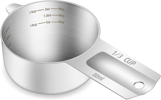 BERYLER 1PCS 1/3Cup (80ml, 2.6oz) Single Measuring Cup, Etched Inner Scale Stainless Steel Measure Scoop, Metric and US Measurement, Dishwasher Safe