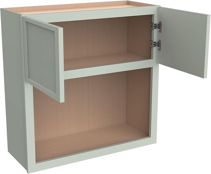 Solid Wood RTA Wall Microwave Cabinet with Open Shelves ??Shaker Style, Space-Saving Kitchen Pantry Storage, Durable and Versatile Wall-Mounted Organizer (NT-Jade Green, 30" W x 24" D x 36" H)
