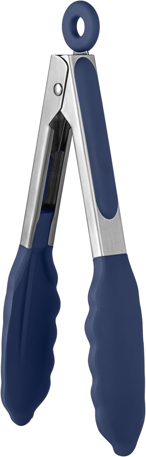 600쨘F Heat Proof Kitchen Tong: U-Taste 7" Silicone Cooking Tong with Firm Sealed Non Stick Rubber Tips & Silicon Coated 18/8 Stainless Steel Handle & Smooth Locking for Serving Salad (Midnight Blue)