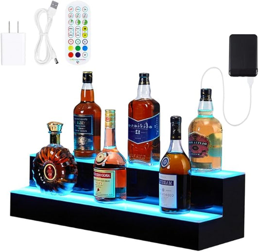 30 Inch Rectangular 2-Tier LED Lighted Liquor Bottle Display Shelf - Acrylic Wine Rack with Remote & App Control, 16 Static Colors, 1-8H Timer, USB Power, for Home Bar, Commercial Use