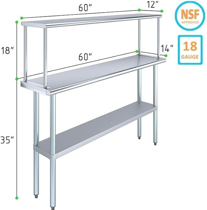 Stainless Steel Work Table with Wide Single Tier Overshelf | Metal Kitchen Prep Table & Shelving Combo (14" x 60" Work Table + 12" Overshelf)