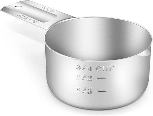 BERYLER 1PCS 3/4Cup (180ml, 6oz) Single Measuring Cup, Stainless Steel Measure Scoop, Metric and US Measurement, Dishwasher Safe