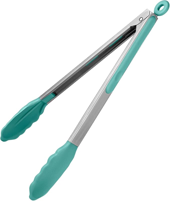 600쨘F Heat Resistant Kitchen Tongs: U-Taste 12 in Large Silicone Cooking Tong with Sturdy Non Stick Rubber Tips & Silicon Coated 18/8 Stainless Steel Handle & Smooth Locking for Serving Grill-Aqua Sky