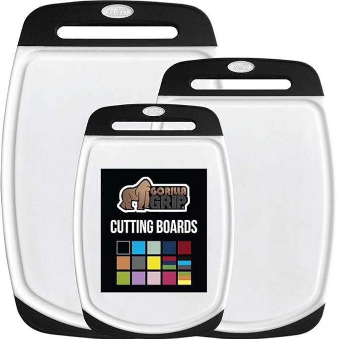 GORILLA GRIP BPA-Free Reversible Kitchen Cutting Board Set of 3, US Designed, Nonporous, Juice Grooves Catch Liquid, Slip Resistant Border, Durable Food Chopping Boards, Holiday Prep Essentials, Black
