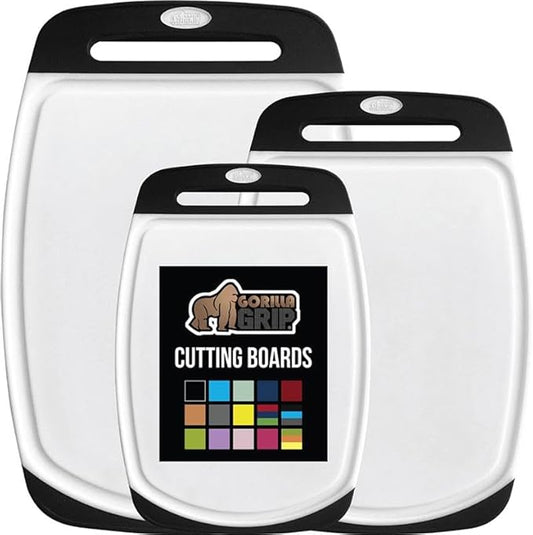 GORILLA GRIP BPA-Free Reversible Kitchen Cutting Board Set of 3, US Designed, Nonporous, Juice Grooves Catch Liquid, Slip Resistant Border, Durable Food Chopping Boards, Holiday Prep Essentials, Black