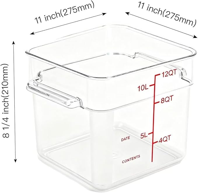 4 Pack Food Storage Containers with Red Lids, 12.0 Qt - Square, Clear, Polycarbonate, for Restaurant Commercial Kitchen and Home party