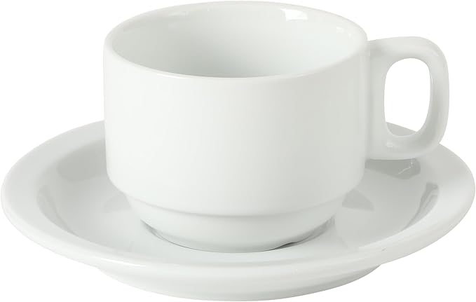 Gibson Home Gracious Dining 7-Ounce Cappuccino Cups Set of 4, Stackable Coffee Cups with 4 Saucers, Metal Stand, Coffee Mugs for Latte, Caf챕, Mocha, Tea