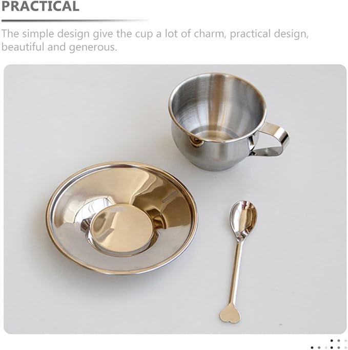 Stainless Steel Coffee Cup and Saucer Set Small Retro Metal Espresso Tea Cup with Spoon Silver Household Tea Set and Coffee Party