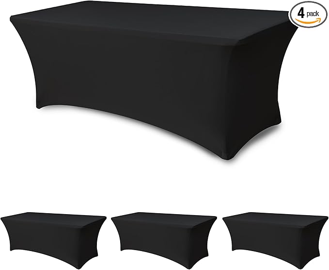 Enjoyidea Spandex Table Cloths for 8 Foot Rectangle Tables-4 Pack Fitted Stretch Black Table Covers-Elastic Folding Tablecloths for Party, Vendor Booth Display, Banquet Buffet Event, Craft Trade Show