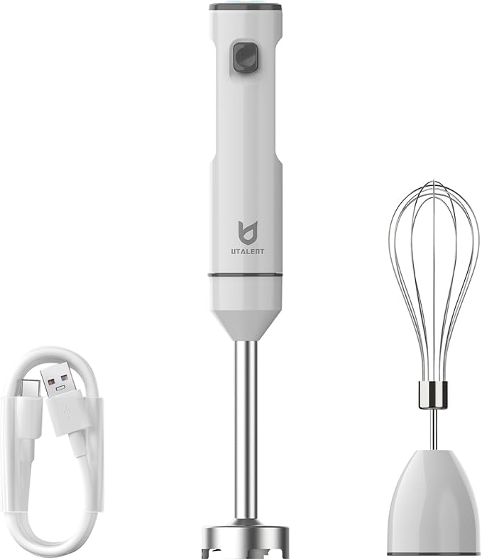 Cordless Hand Blender, UTALENT Variable Speed Immersion Blender handheld Rechargeable, with USB-C Charging Cable, Egg Whisk, for Smoothies, Milkshakes, Hummus and Soups ??White