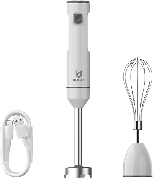 Cordless Hand Blender, UTALENT Variable Speed Immersion Blender handheld Rechargeable, with USB-C Charging Cable, Egg Whisk, for Smoothies, Milkshakes, Hummus and Soups ??White