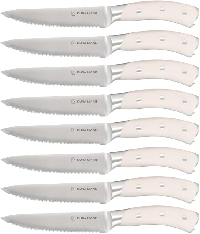 DURA LIVING 8-Piece Serrated Kitchen Steak Knife Set ??Forged High Carbon Stainless Steel, Ultra Sharp, Ergonomic Black Handles, Durable Dinner Knives, Cream Handle