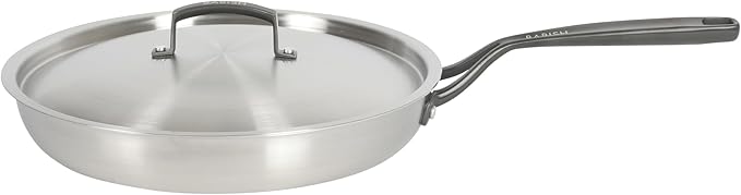 Babish 12-Inch Tri-Ply Stainless Steel Frying Pan with Lid & Black Handle ??Professional Grade Skillet for Searing, Saut챕ing & Even Heat Cooking