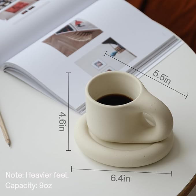WENSHUO Chubby Funny Coffee Mug, Novelty Cute Cup and Saucer, Matte Cr챔me, 9 oz (Matte Cr챔me)