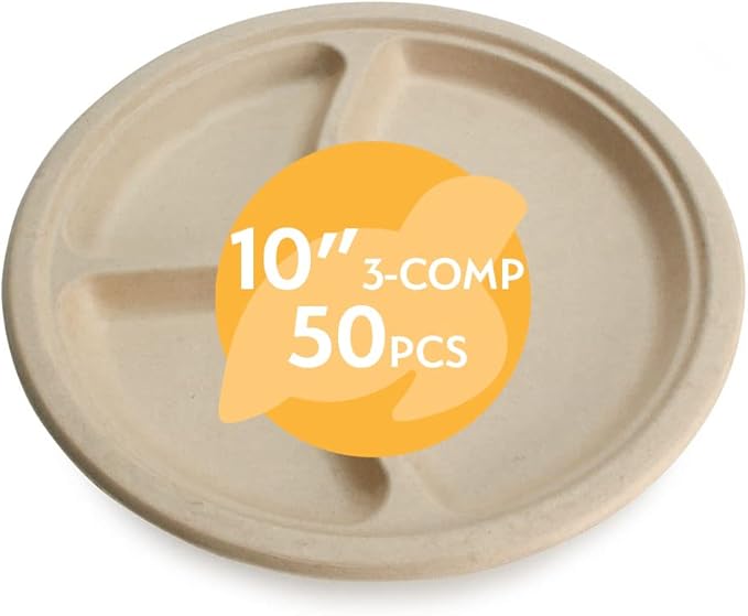 100% Compostable Disposable Paper Plates Bulk [10" 3-Comp 50 Pack], Bamboo Plates, Eco Friendly, Biodegradable, Sturdy Large Dinner Party Plates, Heavy-Duty, Unbleached by Earth's Natural Alternative