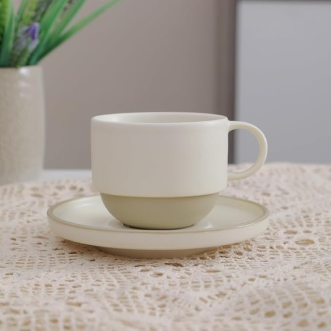 Stackable 8oz Minimalist Handmade Ceramic Cappuccino Espresso Cup with Saucer ??Small Stoneware Coffee Mug, Lead-Free Latte Art Mug竊똇andmade Pottery tea mug or tea cup (Matte White)