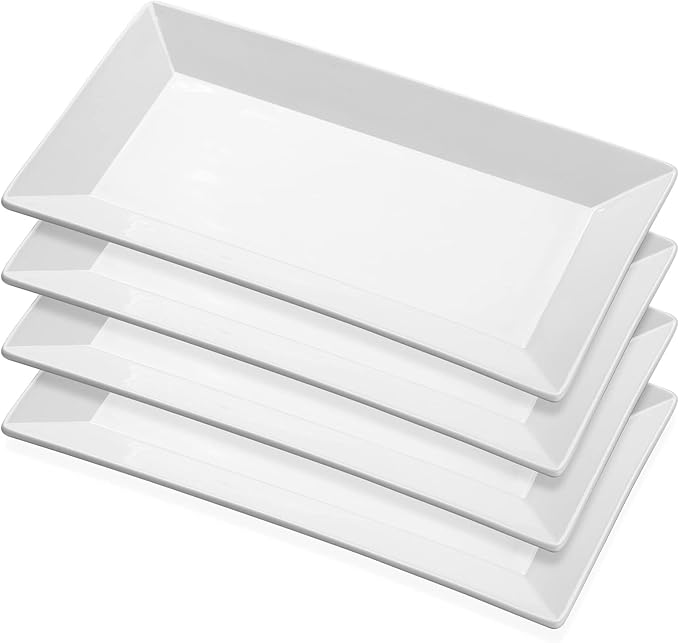 Yedio Porcelain Rectangular Dinner Platters, 9.75 Inch Rectangle Serving Plates for Sushi, Snacks, Cake, Meat & Appetizers, Set of 4, Elegant White Design