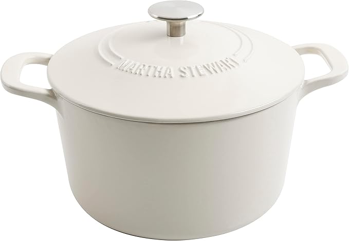 MARTHA STEWART Gatwick 7-Quart Enamel Cast Iron Dutch Oven ??Linen Color with Silver Knob ??Durable Heavy-Duty Dutch Oven for Slow Cooking and Braising