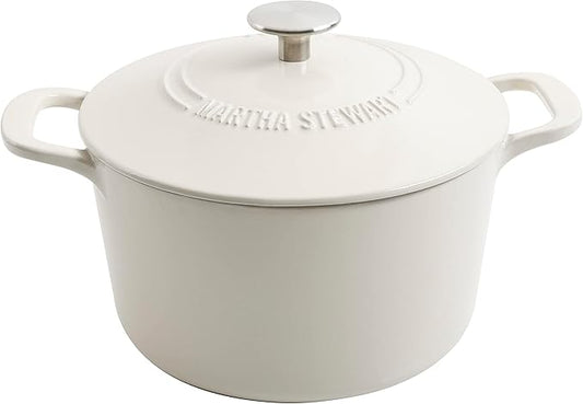 MARTHA STEWART Gatwick 7-Quart Enamel Cast Iron Dutch Oven ??Linen Color with Silver Knob ??Durable Heavy-Duty Dutch Oven for Slow Cooking and Braising