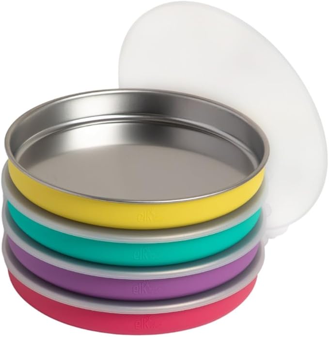 Elk and Friends 7.8??Stainless Steel Non Divided Plates with Silicone Sleeve + Storage Lid | Baby, Toddler, Kids | Dishwasher Safe | Dinner & Snack Plates | 4 Pack