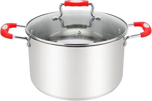 Stock Pot, 8.4 Quart Stainless Steel, Large StockPot With Clear Glass Lid, Steam Hole, Permanent Measurement Markings, Gas, Electric and Induction Compatible Boiling Pot