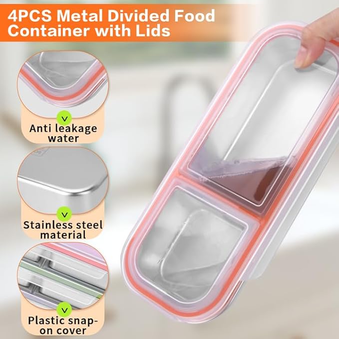 4 Pack Stainless Steel Lunch Containers for Adults, 304-Grade, 2-Compartments Snack Container & Lunch Box with Lids, Reusable Snap-on Lid Snack Containers Set, Meal Prep Lunch Box (24 oz / 700ml)
