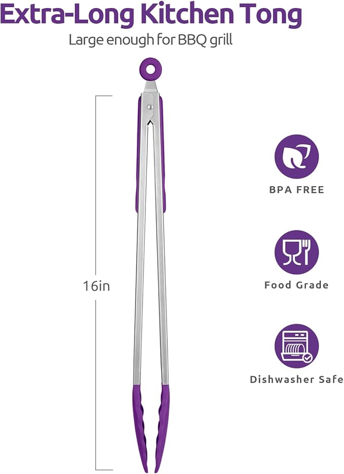 600쨘F Heat Resistant Kitchen Tongs: U-Taste 16 inch Extra Long Large Silicone Cooking Tong with Sturdy Non Stick Rubber Tips & Non Slip Silicon Coated 18/8 Stainless Steel Handle for Grill BBQ(Purple)