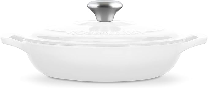Signature Enameled Cast Iron Braiser, Non-Stick Serving Pot with Tight Fitting Lid for Perfect Roasting, Baking, Sauteing, Searing, and Pan Frying | 1.5Q (1.4L) - White