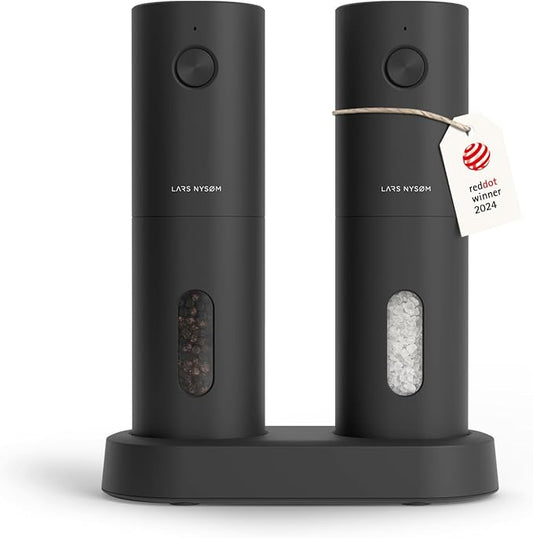 LARS NYS횠M Electric Salt and Pepper Grinder Set, USB Rechargeable, Automatic Salt and Pepper Mills, Spice Shakers Refillable with LED Light, Adjustable Coarseness, Ceramic Grinder (Carbon Black)