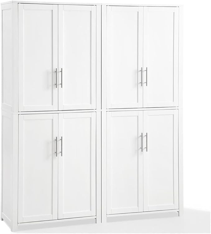 BOWERY HILL 4-Cabinet Wood Tall Pantry in White/Chrome (Set of 2)