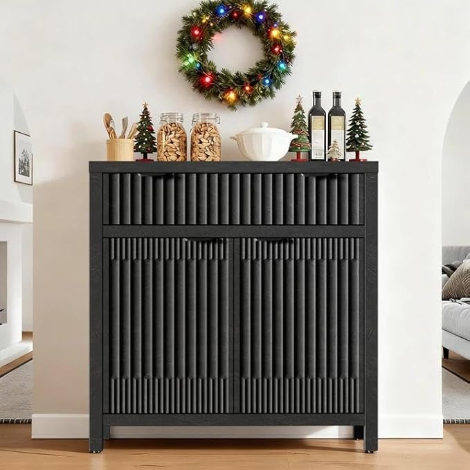 FLOWBACK Black Storage Cabinet with Drawers, Fluted Cabinet Buffet Bar, Farmhouse Buffet Sideboard with Storage, Coffee Bar with Drawer and Door, Modern Wood Console Cabinet for Kitchen, Living Room