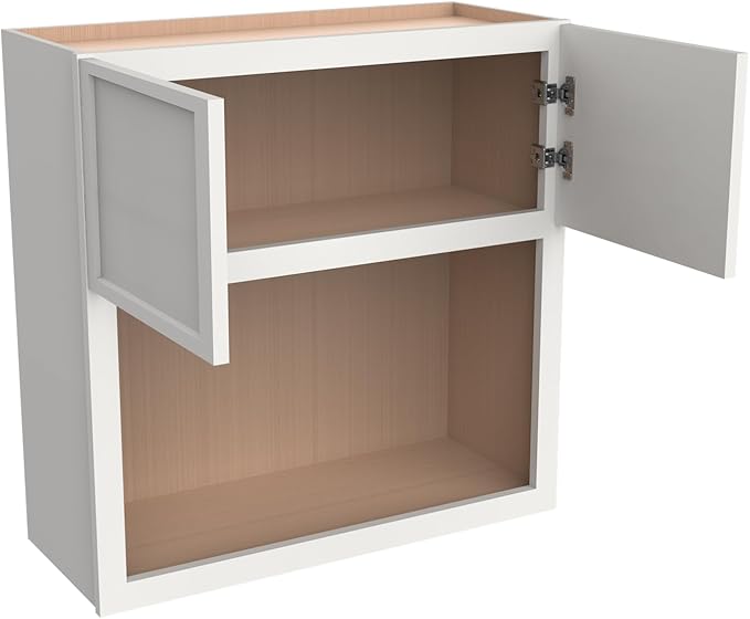 Solid Wood RTA Wall Microwave Cabinet with Open Shelves ??Shaker Style, Space-Saving Kitchen Pantry Storage, Durable and Versatile Wall-Mounted Organizer (NT-Origami White, 30" W x 24" D x 30" H)