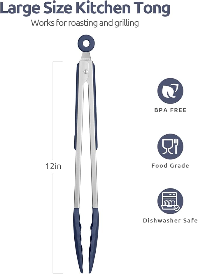 600쨘F Heat Resistant Kitchen Tongs: U-Taste 12 inch Large Silicone Cooking Tong with Non Stick Rubber Tips & Silicon Coated 18/8 Stainless Steel Handle & Smooth Lock for Serving Grill (Midnight Blue)