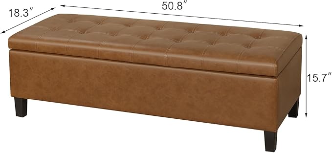 DECO DE VILLE Ottoman with Storage, 51 Inch Large Ottomans Storage Bench,Faux Leather Upholstered End of Bed Bench with Hinged Lid, Long Foot Rest Stool for Living Room Bedroom, Vintage Golden Brown
