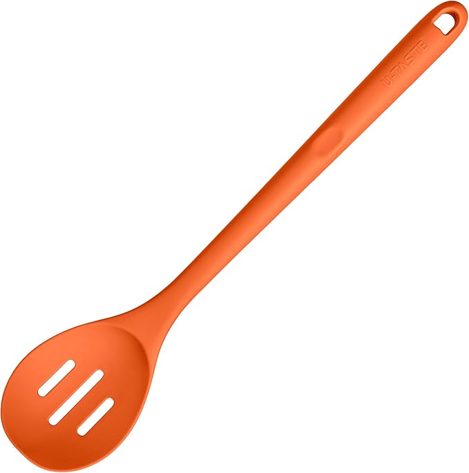 600쨘F Heat Resistant Slotted Spoon: U-Taste 13.3in Solid Kitchen Cooking Spoon, Nonstick Food Grade Large & Long Rubber Utensil for Mixing, Serving, Stirring, Basting, Frying, Draining (Orange)