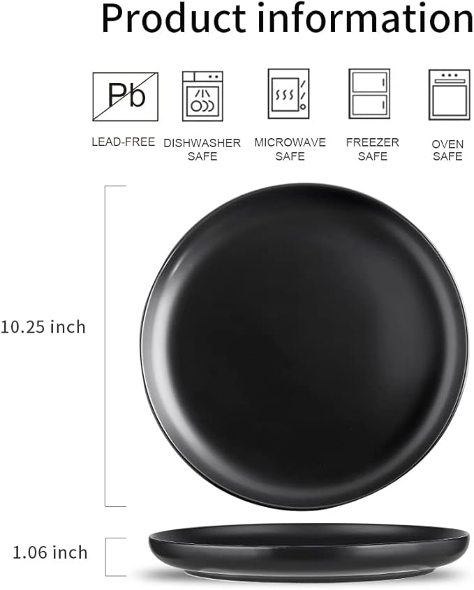 KOOV Ceramic Dinner Plates Set of 6, 10.25 Inch Large Porcelain Plates for Salad, Pasta, Kitchen Serving Dish, Reactive Glazed (Matte Black)