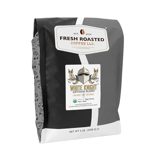 Fresh Roasted Coffee, Organic White Knight | USDA Organic, Kosher | Light Roast 5 lb (80 oz), Whole Bean