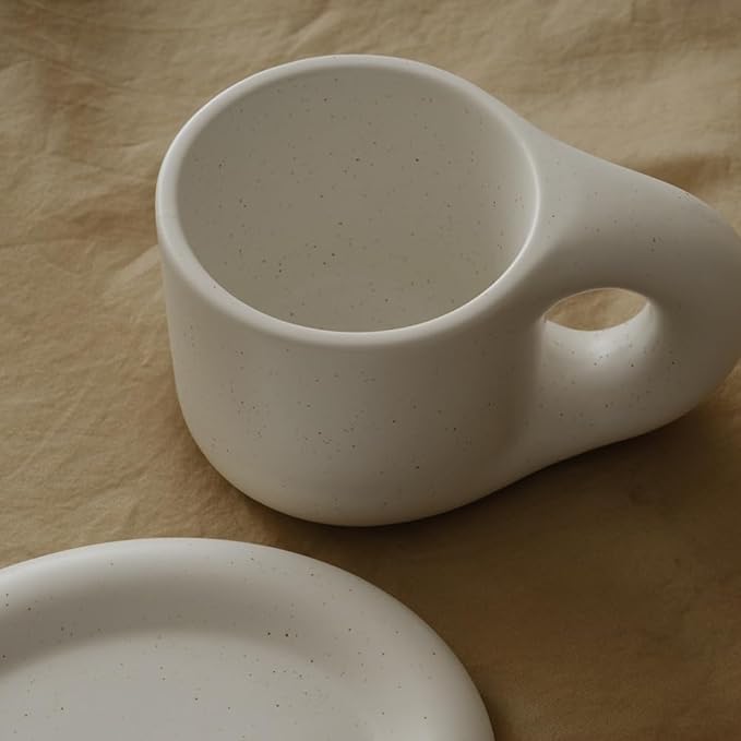 WENSHUO Chubby Funny Coffee Mug, Novelty Cute Cup and Saucer, Matte Cr챔me, 9 oz (Nacre White)