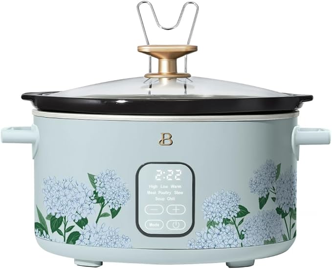 Beautiful 6 Quart Programmable Slow Cooker by Drew Barrymore ??Large Capacity, Ceramic Removable Pot, Tempered Glass Lid, Dishwasher Safe, Auto Keep Warm (Hydrangea Floral)
