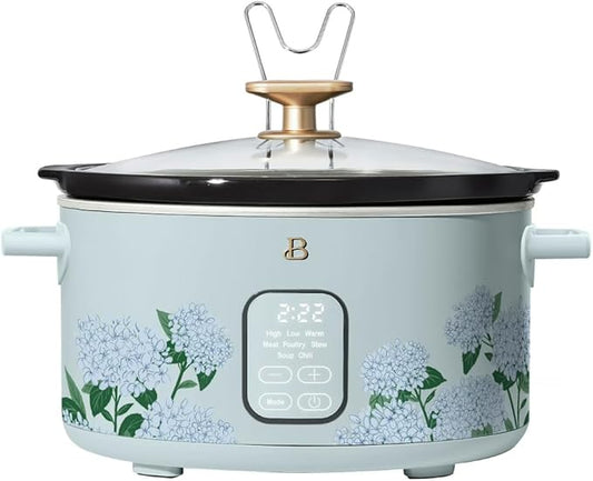Beautiful 6 Quart Programmable Slow Cooker by Drew Barrymore ??Large Capacity, Ceramic Removable Pot, Tempered Glass Lid, Dishwasher Safe, Auto Keep Warm (Hydrangea Floral)
