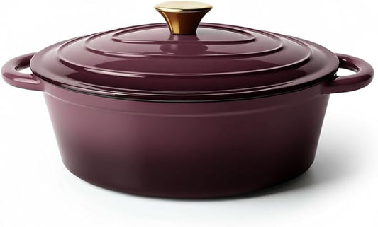 Vintage Style Oval Dutch Oven for Bread Baking, 4.5 Quart Non Stick Enameled Cast Iron Dutch Oven Pot with Lid, Oven Safe Oval Casserole with Lid up to 500째F for Baking, Braising, Stews, Roasting, Fig